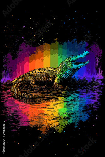 Colorful alligator rainbow swamp night sky reflection art vibrant fantasy