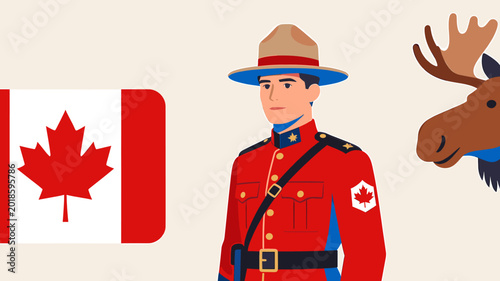 Billede på lærred Illustration of a Canadian Mountie, the Canadian flag, and a moose, symbolizing Canadian identity and culture