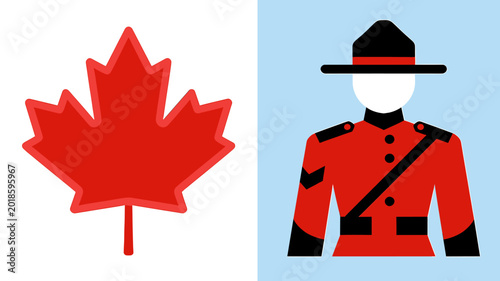Illustration of a red maple leaf and a Royal Canadian Mounted Police officer in uniform.