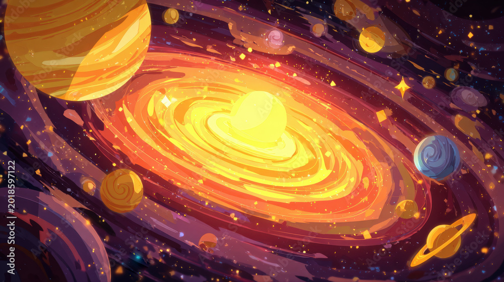 Fototapeta premium Stylized Abstract Digital Art Illustration of a Colorful Solar System with a Central Glowing Star Surrounded by Planets Orbiting in a Vibrant Galaxy Space for Science Fiction and Education