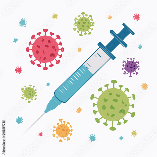 Syringe and Coronavirus Particles Illustration