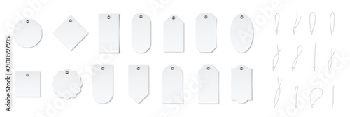 Price tags. Sale labels. Hanging tags. Blank white labels mockups. Paper empty stickers of different shapes with string loops for retail, packaging, gifts, luggage. Realistic vector illustrations set.