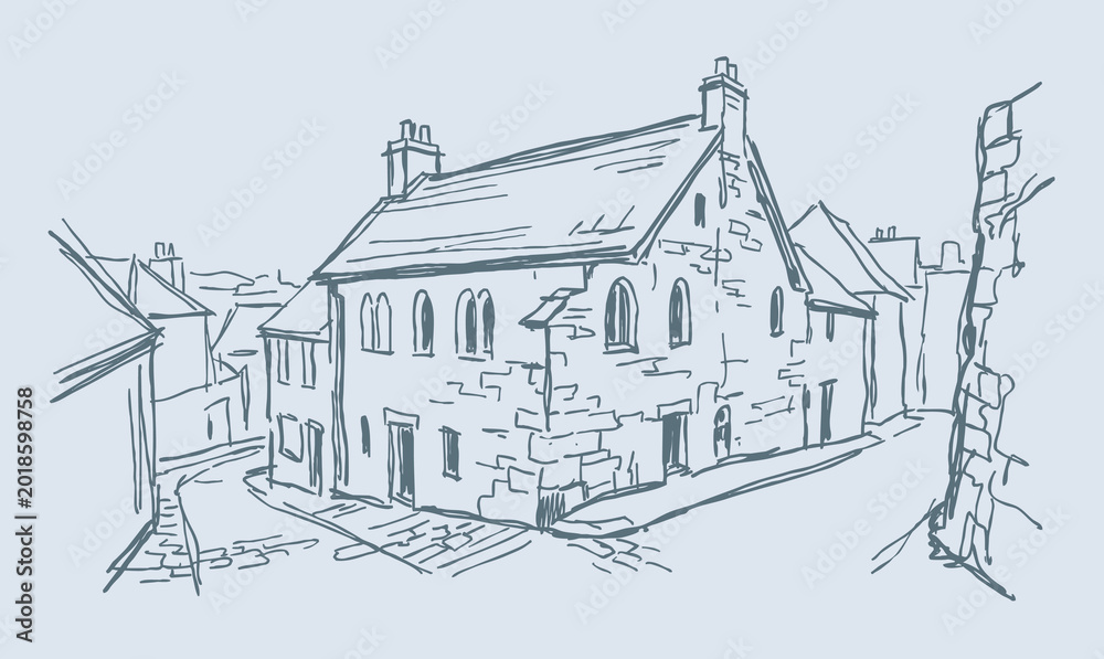 Naklejka premium Vector line art of a vintage building. Old Building In Plymouth City.