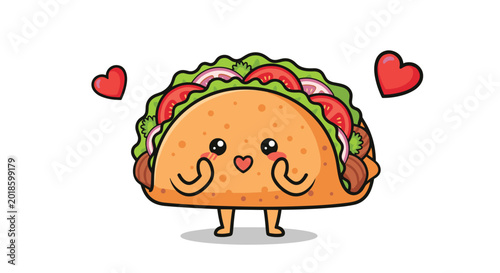 Adorable cartoon taco character with a happy face and red hearts expresses love for delicious Mexican street food.