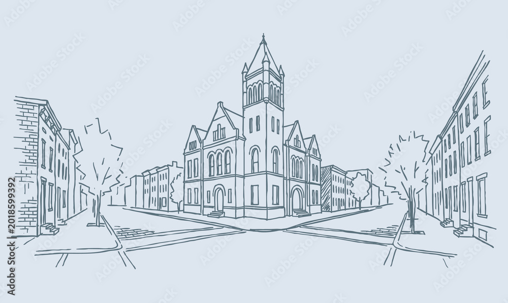 Fototapeta premium Vector line art of a vintage building. Old Building In Richmond City.