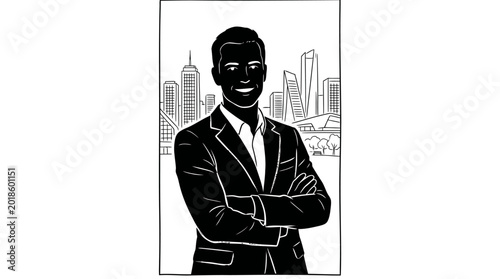 Canvastavla Black and white illustration of a confident professional businessman