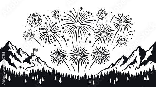 Black and white fireworks illustration over mountain range.