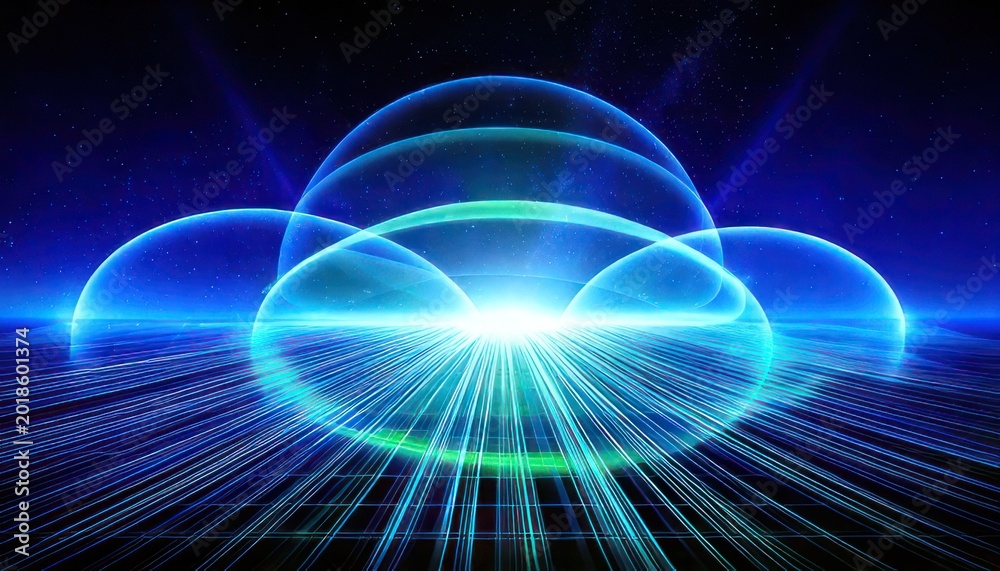 Fototapeta premium Abstract futuristic technology background with glowing spheres and light rays.
