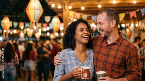 Casal adulto sorrindo em festa junina brasileira usando roupas neutras em ambiente iluminado por luzes decorativas