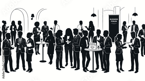 Black and white silhouette illustration of a business networking event with professionals socializing.
