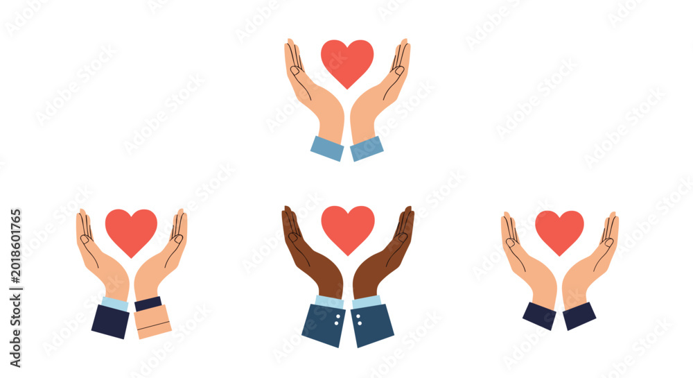 Fototapeta premium Four pairs of hands in different skin tones holding a red heart symbol representing care and global unity.