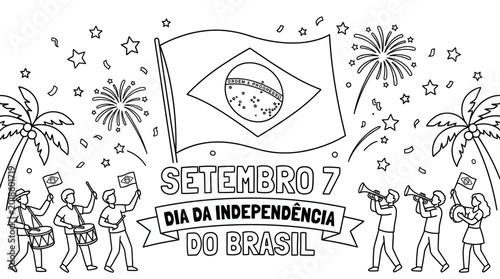 Brazilian Independence Day coloring page with flag and festive parade.