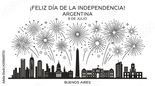 Buenos Aires skyline with fireworks for Argentina Independence Day.