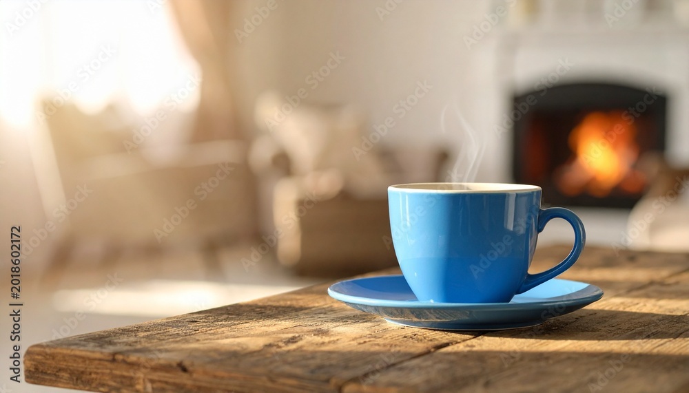 Fototapeta premium Cozy blue cup with fireplace glow