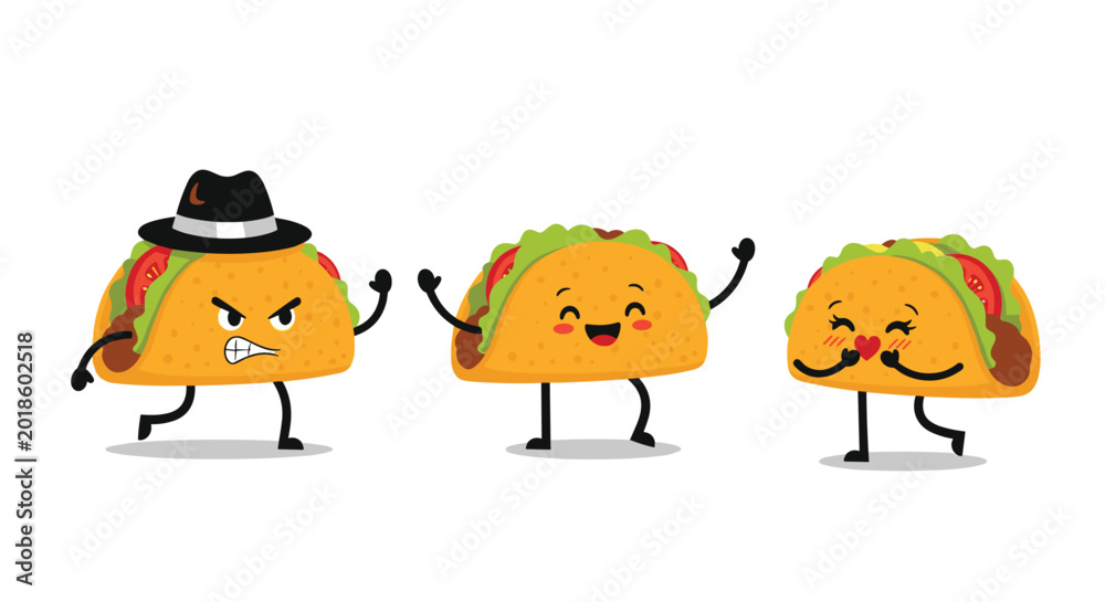 Fototapeta premium Three funny taco characters with different facial expressions including angry in a hat, happy and cheering, and a shy blushing taco with a heart.