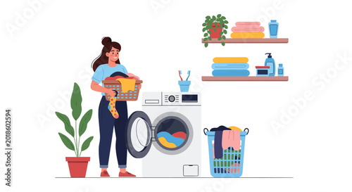 Young woman standing in a modern laundry room with a washing machine and baskets full of colorful clothes while preparing to do housework chores.