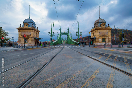 Empty street leading to the historic Freedom Bridge in Budapest