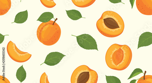 Seamless pattern featuring whole apricots and halved fruits with pits and green leaves on a light cream background.