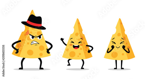 Three cartoon cheese characters displaying different emotions of anger, joy, and shyness on a white background.