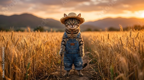 Farmer Cat in Golden Wheat Field