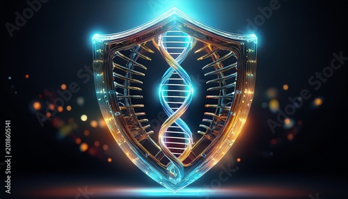 abstract dna strand forming the shape of a glowing shield
