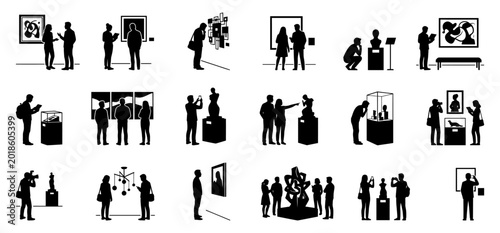 Quadro su tela Gallery museum visitors observing art and sculpture exhibits | People silhouette