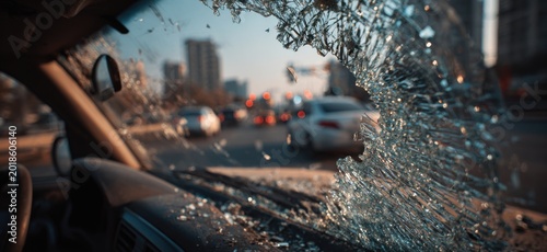 View through a shattered car windshield on a city street with traffic.