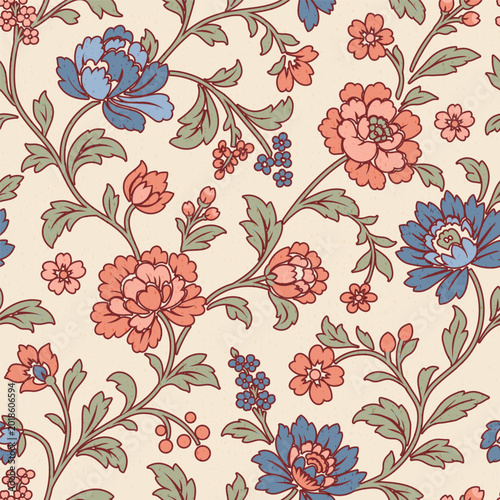 Decorative chintz-inspired floral design, stylized Jacobean flowers, leaves. Seamless vector pattern, hand-drawn aesthetic evokes classic textile prints, ideal for wallpaper, fabric, art projects.