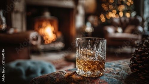 Cozy Winter Evening With Whiskey By The Fireplace.
