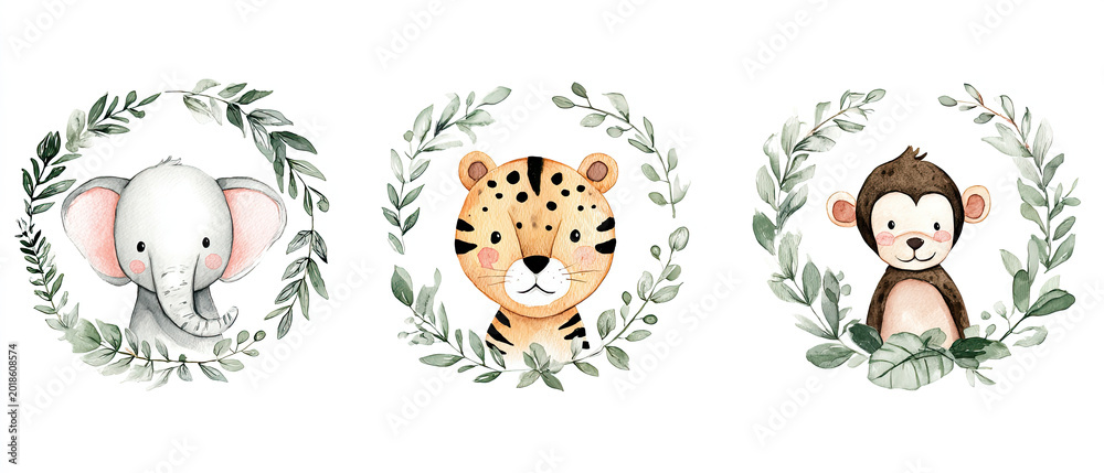 Fototapeta premium Cute watercolor safari animals. Jungle nursery wreaths set. Boho baby foliage frames.