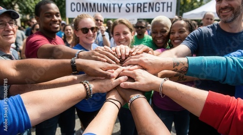 Community members uniting with hands together to symbolize strength and support in social gathering