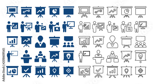 Flat and line style vector collection of business presentation and training icon set featuring screens, charts, speakers, and seminar seminars.