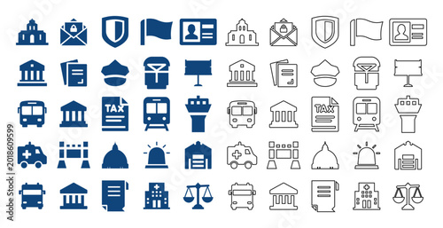 Flat and line style vector collection of government icon set featuring capitol buildings, law scales, taxes, and public services.
