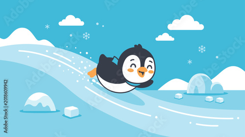 Fotografie Cute Cartoon Penguin Sliding Down Snowy Hill Flat Vector Illustration