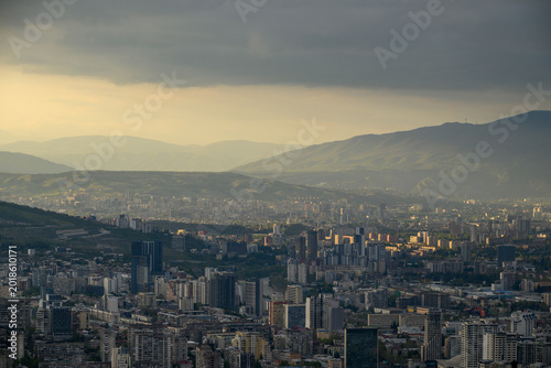 Panoramic aerial cityscape sunset view of Tbilisi, the capital of Georgia