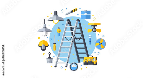 Home Improvement and DIY Renovation Tools Vector Illustration with Stepladder, Toolbox, and Maintenance Equipment