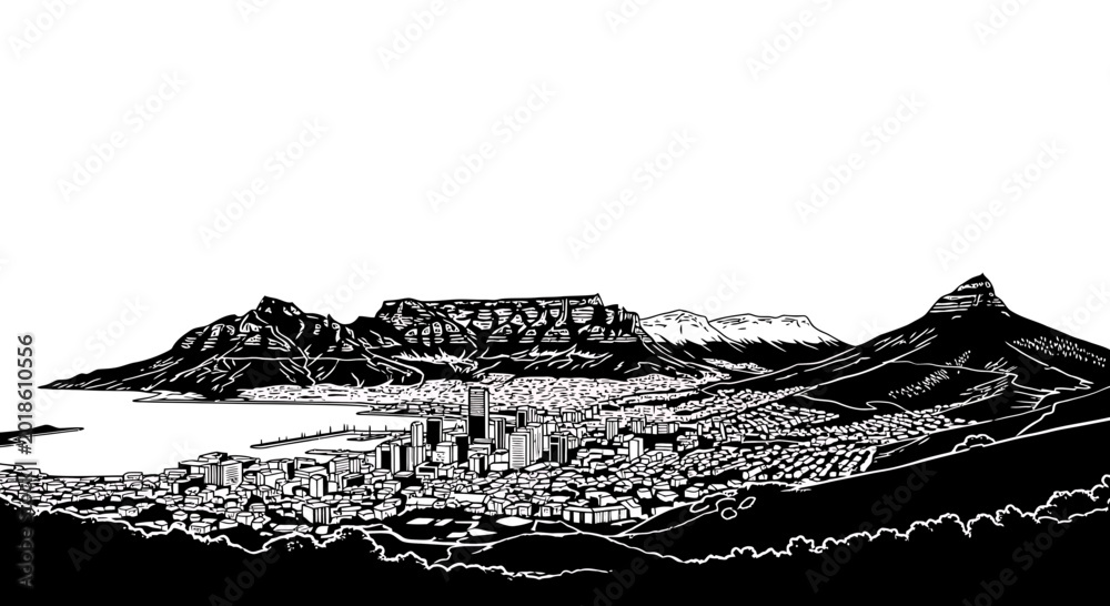 Obraz premium Cape Town Skyline with Table Mountain and Lion's Head in Woodcut Style