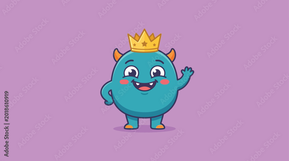 Naklejka premium Cute Blue Monster King with Crown Waving Hello Vector Flat Design