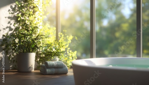 Serene Bathroom Oasis Bathtub with Lush Green Plant and Sunlight Streaming Through Window.