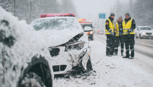 Car Accident Scene on Snowy Road with Emergency Responders.