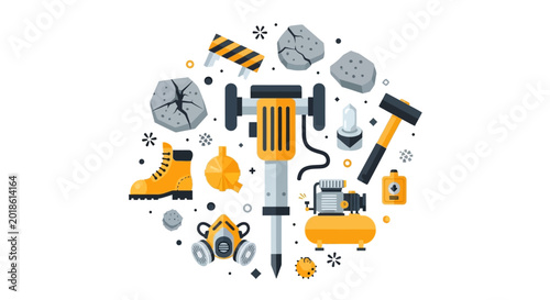 Demolition and Construction Tool Set Vector Illustration with Jackhammer and Safety Gear