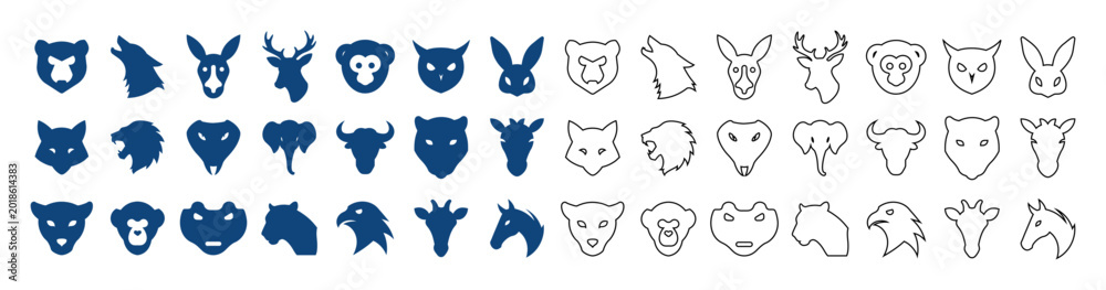 Fototapeta premium Minimalist animal head icons, 42 wildlife vector symbols, blue logo set