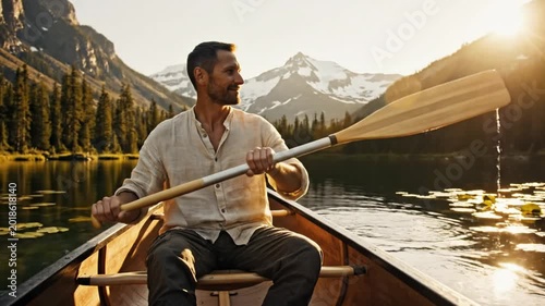 Man paddling canoe on a scenic lake towards mountains at sunset creating peaceful and natural moment