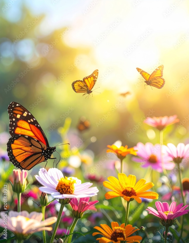 Obraz premium Vibrant Monarch Butterflies Among Colorful Spring Flowers in Bloom