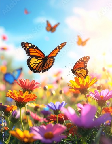 Vibrant Butterflies Among Colorful Flowers in a Sunny Meadow