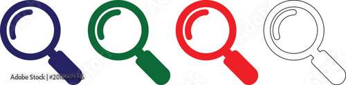 Four magnifying glass icons in blue green red and black colors for search and investigation purposes on transparent background