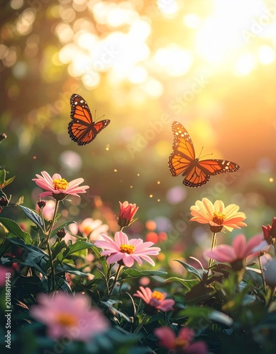 Butterflies Dancing Among Colorful Flowers in Soft Sunset Glow