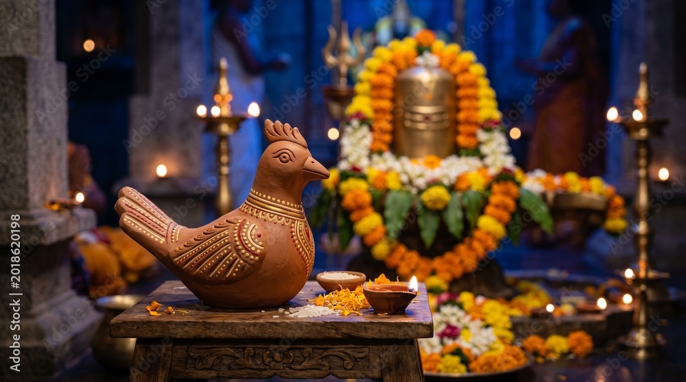 Obraz premium Kokila Vrat Celebration with a Clay Cuckoo Bird Figurine in Foreground and Blurred Shiva Lingam with Marigold Garlands for Hindu Ritual Worship