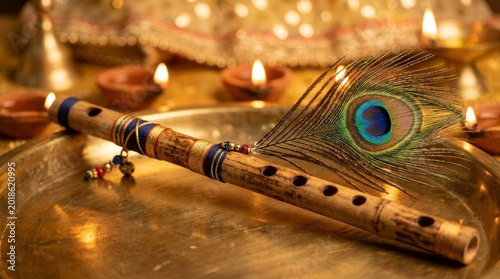 Macro shot of a traditional bamboo flute adorned with a vibrant peacock feather for Masik Krishna Janmashtami Hindu festival celebration.