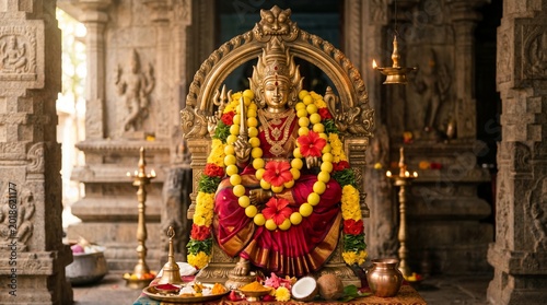 Brass Idol of Hindu Goddess Amman Adorned with Yellow Lemon Garland and Red Hibiscus Flowers for Aadi Velli Festival Celebrations